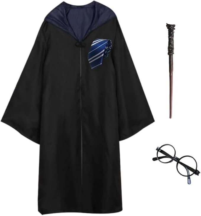 [COSSA]魔法ローブ 大人用 ハロウイーン コスプレ 衣装 セットコスチューム 男女共用 cosplay 誕生日 プレゼントコスチューム ハロウイーン パーティー 変装 仮装 男女共用 文化祭 漫遊展 (ローブ+眼鏡 + ネクタイ + 杖) 4点フルセット
