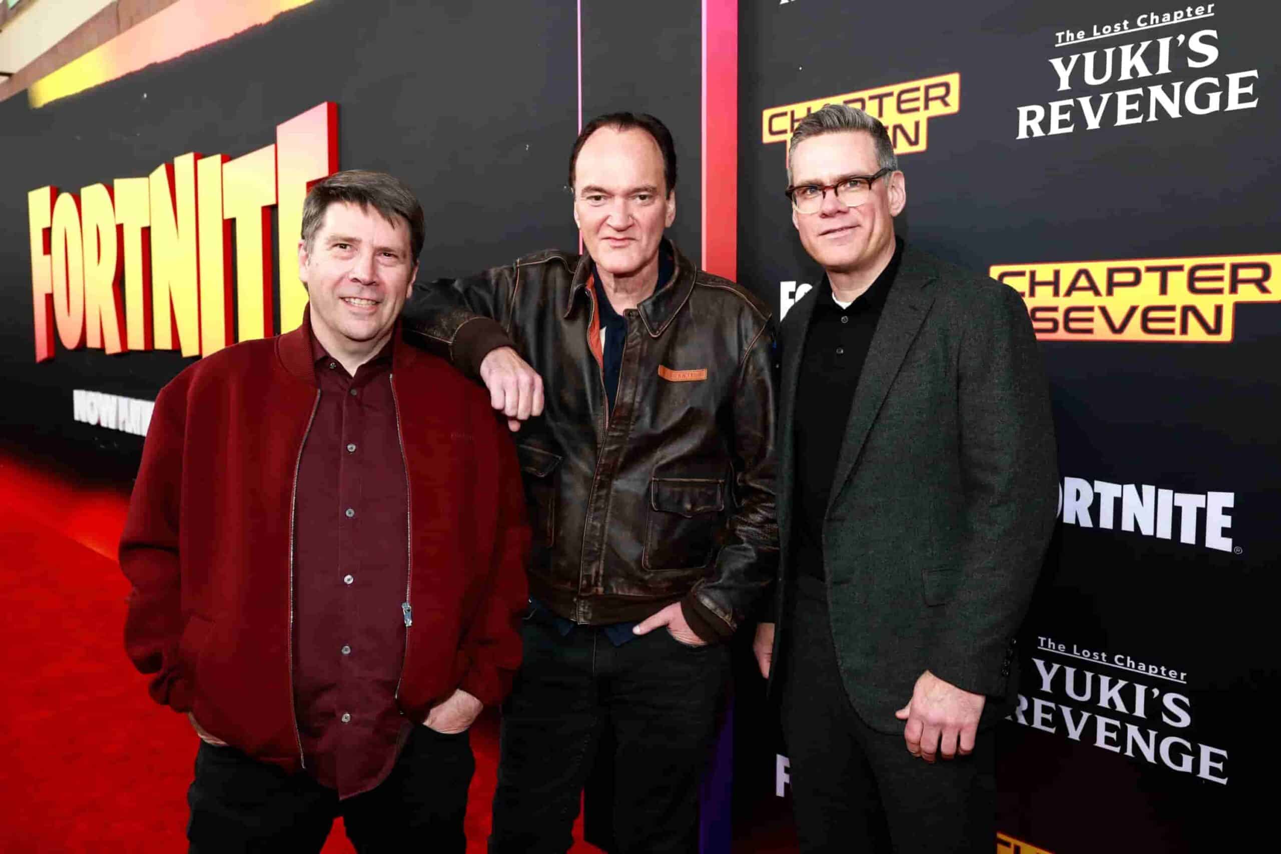 （左から）エピック・ゲームズのCTOであるキム・リブレリ、クエンティン・タランティーノ、エピック・ゲームズのパートナーシップ兼収益化担当シニアVPのネイト・ナンザー 写真：Frazer Harrison/Getty Images for Epic Games