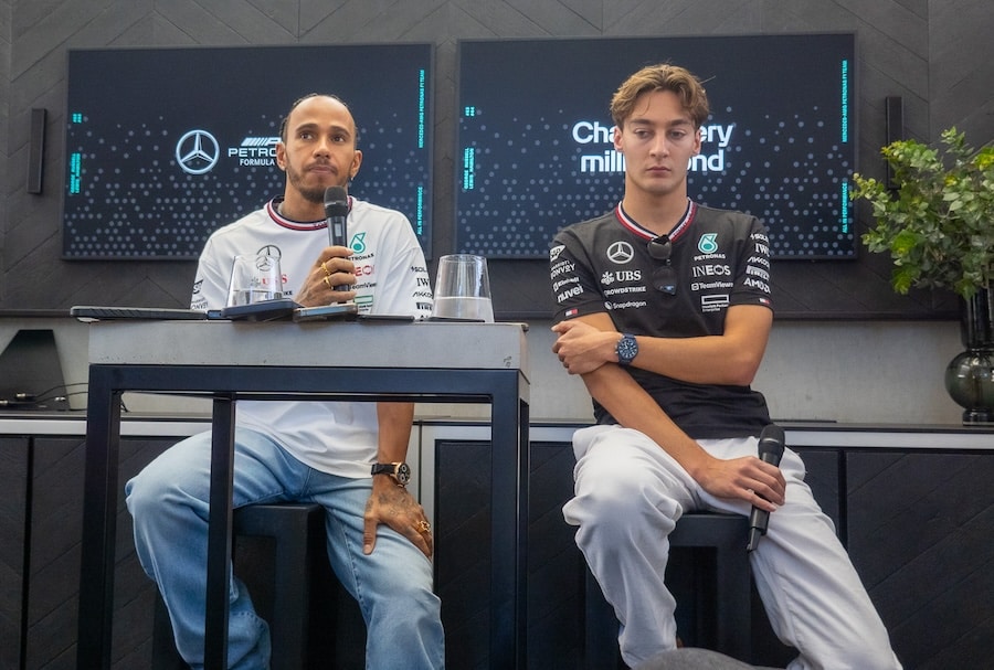 Lewis Hamilton and George Russel during the Mercedes press conference
