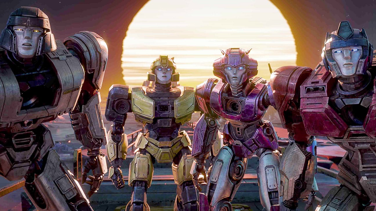 L-r, Brian Tyree Henry (D-16), Keegan-Michael Key (B-127), Scarlett Johansson (Elita-1) and Chris Hemsworth (Orion Pax) star in Transformers One