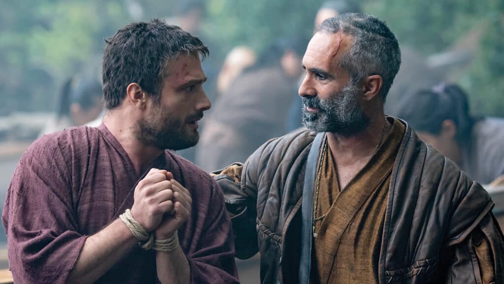 Cosmo Jarvis (left) as Blackthorne and Néstor Carbonell as Rodrigues in FX’s Shogun.