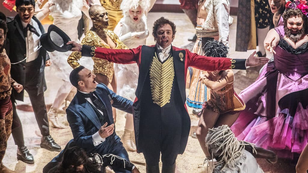 The Greatest Showman, center: Hugh Jackman as P.T. Barnum, right: Keala Settle, 2017.