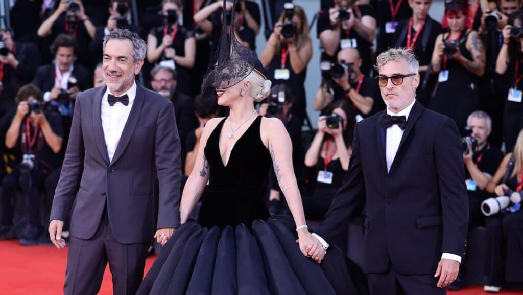 Director Todd Phillips, Lady Gaga and Joaquin Phoenix on the 'Joker: Folie à Deux' red carpet during the 81st Venice International Film Festival