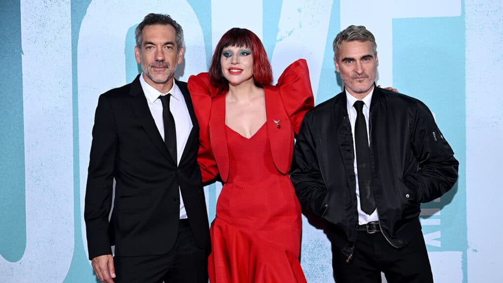 Todd Phillips, Lady Gaga and Joaquin Phoenix attend the UK Premiere of 'Joker Folie Deux.'