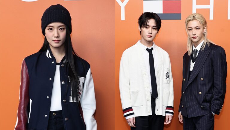 Jisoo (left) in front of an orange backdrop. Lee Know and Felix (right) in front of an orange backdrop.