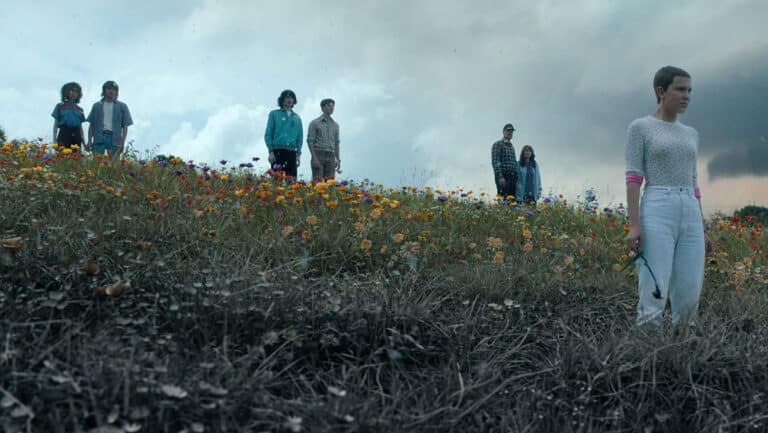 (L-R) Natalia Dyer as Nancy Wheeler, Charlie Heaton as Jonathan Byers, Finn Wolfhard as Mike Wheeler, Noah Schnapp as Will Byers, David Harbour as Jim Hopper, Winona Ryder as Joyce Byers, and Millie Bobby Brown as Eleven in 'Stranger Things' season four.