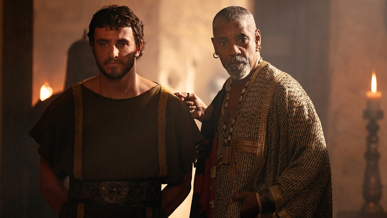 Paul Mescal plays Lucius and Denzel Washington plays Macrinus in Gladiator II from Paramount Pictures.