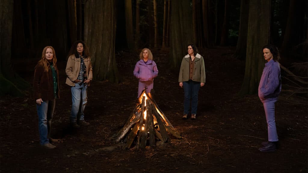 Lauren Ambrose as Van, Tawny Cypress as Taissa, Christina Ricci as Misty, Melanie Lynskey as Shauna and Juliette Lewis as Natalie in YELLOWJACKETS, Storytelling.