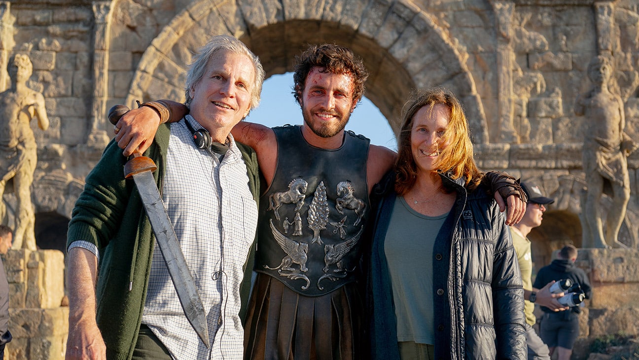 Producers Douglas Wick and Lucy Fisher with Paul Mescal on the set of Gladiator II from Paramount Pictures.