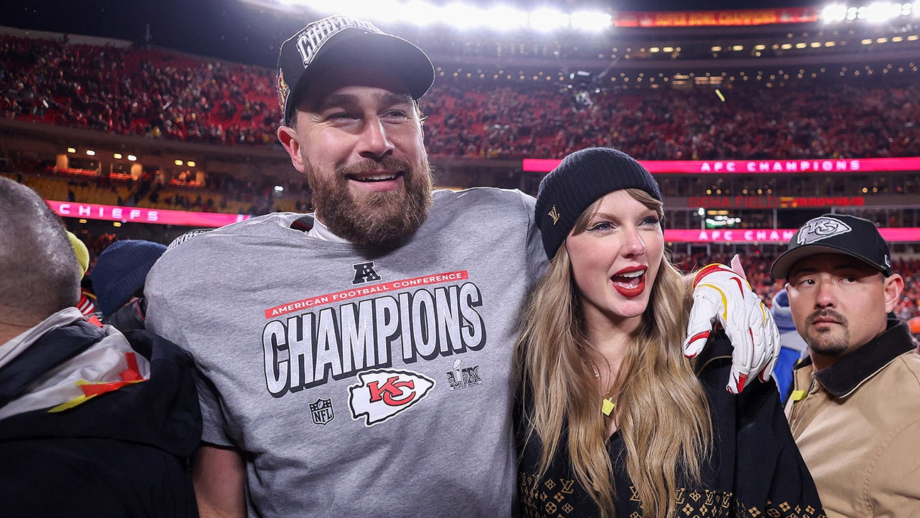 Taylor Swift celebrates with Travis Kelce 87 of the Kansas City Chiefs after defeating the Buffalo Bills 32-29 in the AFC Championship Game at GEHA Field at Arrowhead Stadium on January 26, 2025 in Kansas City, Missouri.