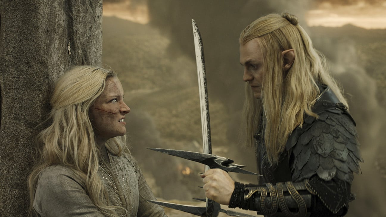 Morfydd Clark as Galadriel; Charlie Vickers as Sauron in Lord of the Rings: The Rings of Power