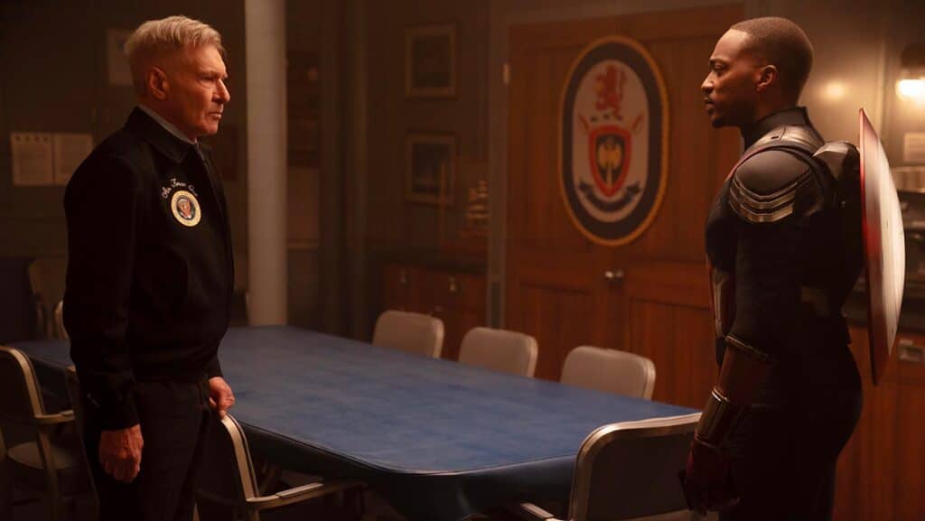 (L-R): Harrison Ford as President Thaddeus Ross and Anthony Mackie as Sam Wilson/Captain America in Marvel Studios' Captain America: Brave New World