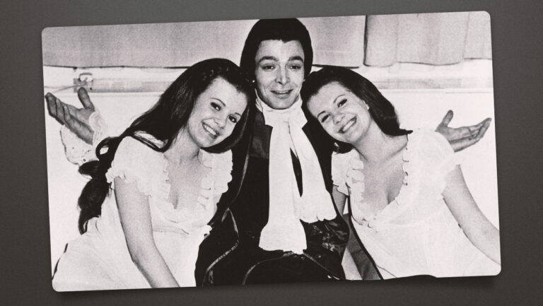 Damien Thomas with Madeleine Collinson (left) and Mary Collinson on the set of 1971’s ‘Twins of Evil.’