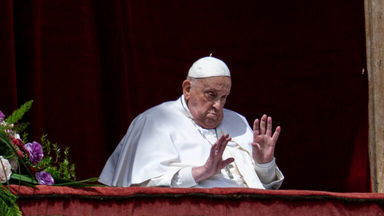 Pope Francis delivers his Urbi Et Orbi Blessing from the balcony overlooking St. Peter's Square in Vatican City, Vatican, on April 20, 2025.