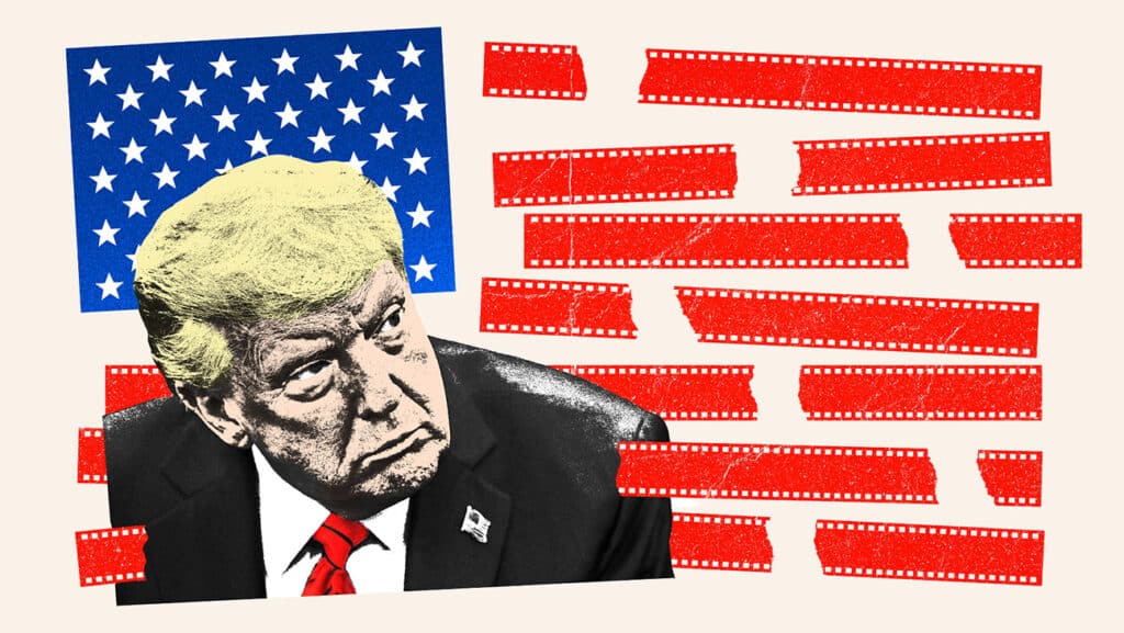 Donald Trump photo illo with american flag film strips