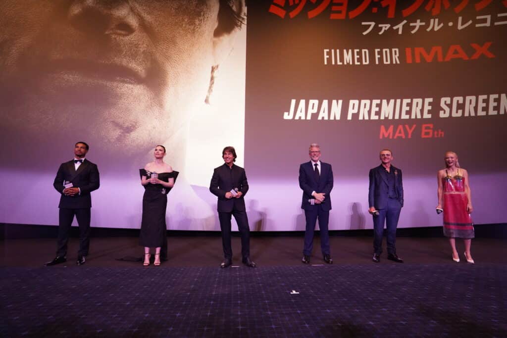 （左から）プレミアスクリーニングに登壇したグレッグ・ターザン・デイヴィス、ヘイリー・アトウェル、トム・クルーズ、クリストファー・マッカリー監督、サイモン・ペッグ、ポム・クレメンティエフ=5月6日、TOHO シネマズ日比谷にて ©2024 PARAMOUNT PICTURES.