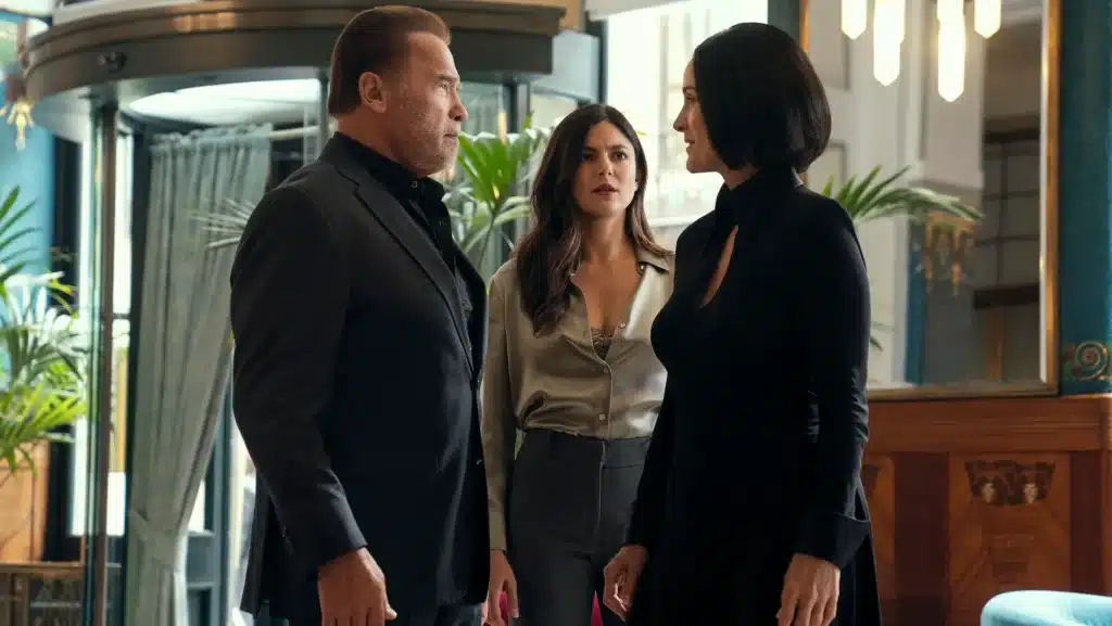Arnold Schwarzenegger, Monica Barbaro and Carrie-Anne Moss in 'Fubar' season two. Netflix