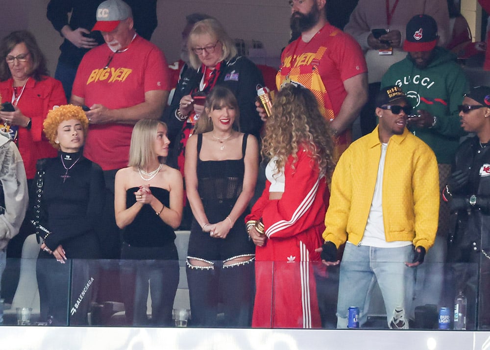 Ice Spice, Taylor Swift, Donna Kelce, Jason Kelce and Blake Lively at the Super Bowl LVIII Pregame held at Allegiant Stadium on February 11, 2024 in Paradise, Nevada.