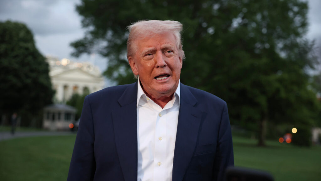Donald Trump speaks to reporters on the south lawn of the White House on May 4, 2025 in Washington, DC.