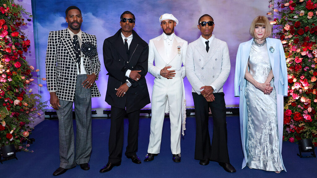(L-R) Co-Chairs Colman Domingo, A$AP Rocky, Lewis Hamilton, Pharrell Williams and Chair Anna Wintour attends the 2025 Met Gala Celebrating Superfine: Tailoring Black Style at Metropolitan Museum of Art on May 05, 2025 in New York City.