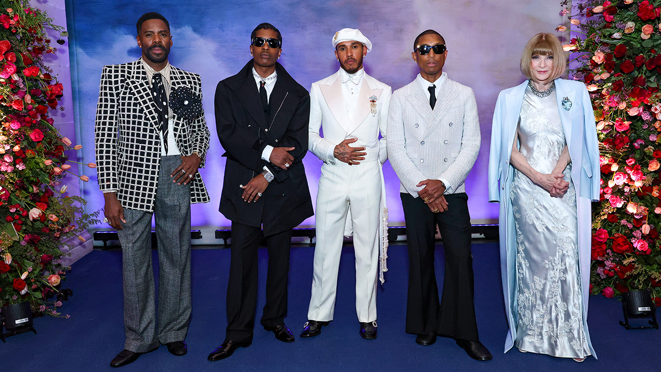 (L-R) Co-Chairs Colman Domingo, A$AP Rocky, Lewis Hamilton, Pharrell Williams and Chair Anna Wintour attends the 2025 Met Gala Celebrating Superfine: Tailoring Black Style at Metropolitan Museum of Art on May 05, 2025 in New York City.