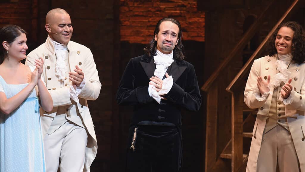 Hamilton, center, front to back: Lin-Manuel Miranda as Alexander Hamilton, Jasmine Cephas Jones is Maria Reynolds, 2020.