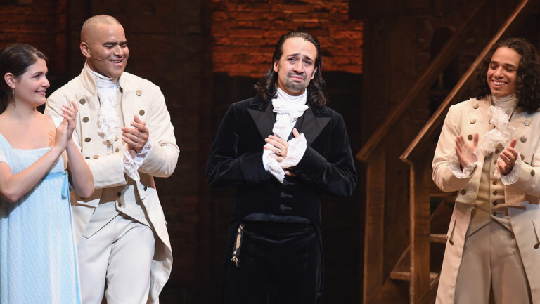 Hamilton, center, front to back: Lin-Manuel Miranda as Alexander Hamilton, Jasmine Cephas Jones is Maria Reynolds, 2020.