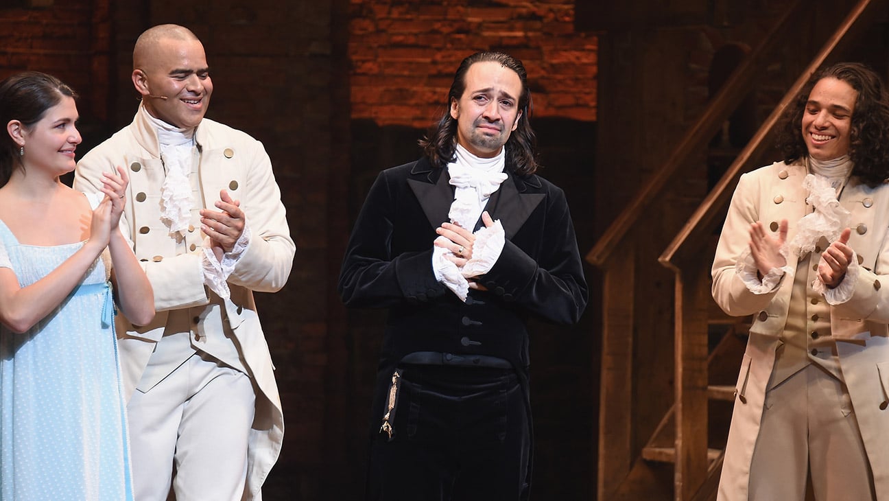 Hamilton, center, front to back: Lin-Manuel Miranda as Alexander Hamilton, Jasmine Cephas Jones is Maria Reynolds, 2020.