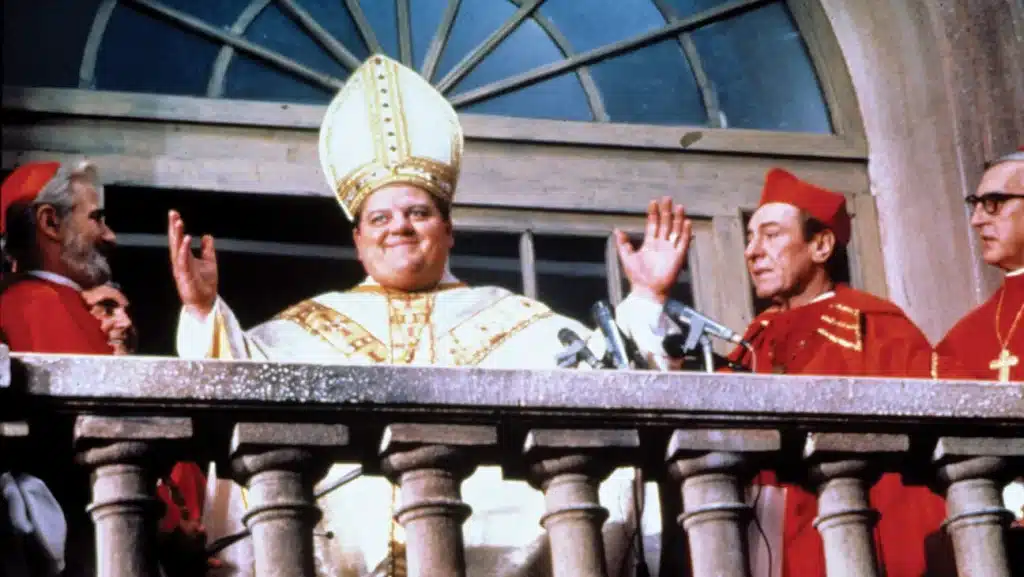 Robbie Coltrane as newly elected Pope Dave the First in The Pope Must Die, which also starred Alex Rocco and Beverly D’Angelo. Miramax/Courtesy Everett Collection