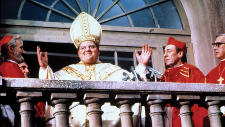 Robbie Coltrane as newly elected Pope Dave the First in The Pope Must Die, which also starred Alex Rocco and Beverly D’Angelo. Miramax/Courtesy Everett Collection