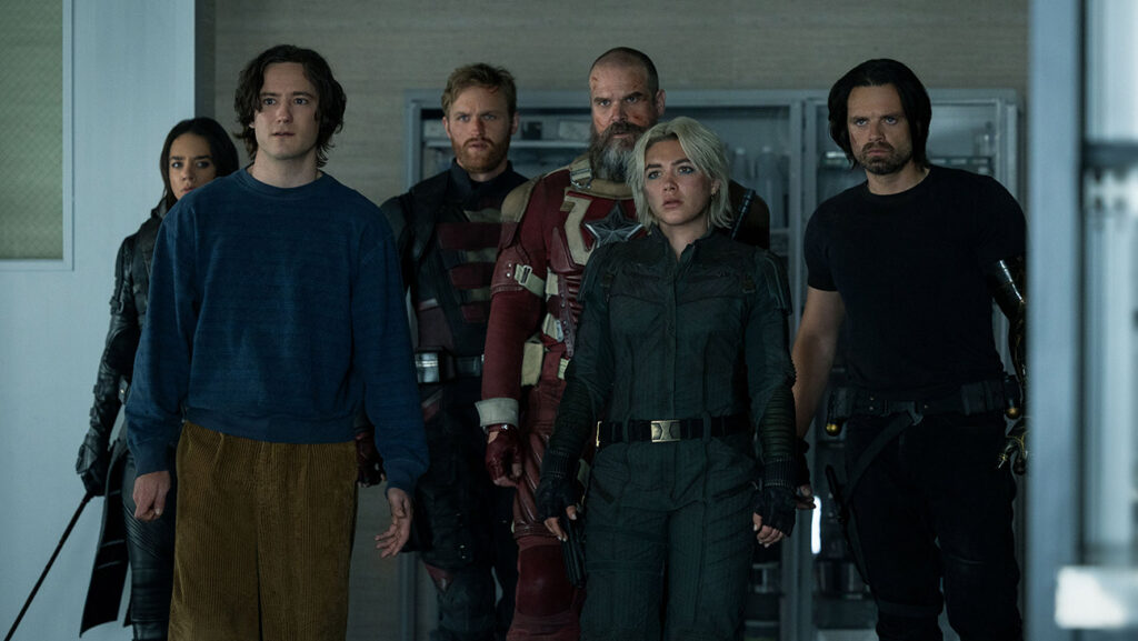 Ghost (Hannah John-Kamen), Bob (Lewis Pullman), John Walker (Wyatt Russell), Alexei Shostakov/Red Guardian (David Harbour), Yelena Belova (Florence Pugh) and Bucky Barnes (Sebastian Stan)in Marvel Studios' Thunderbolts*