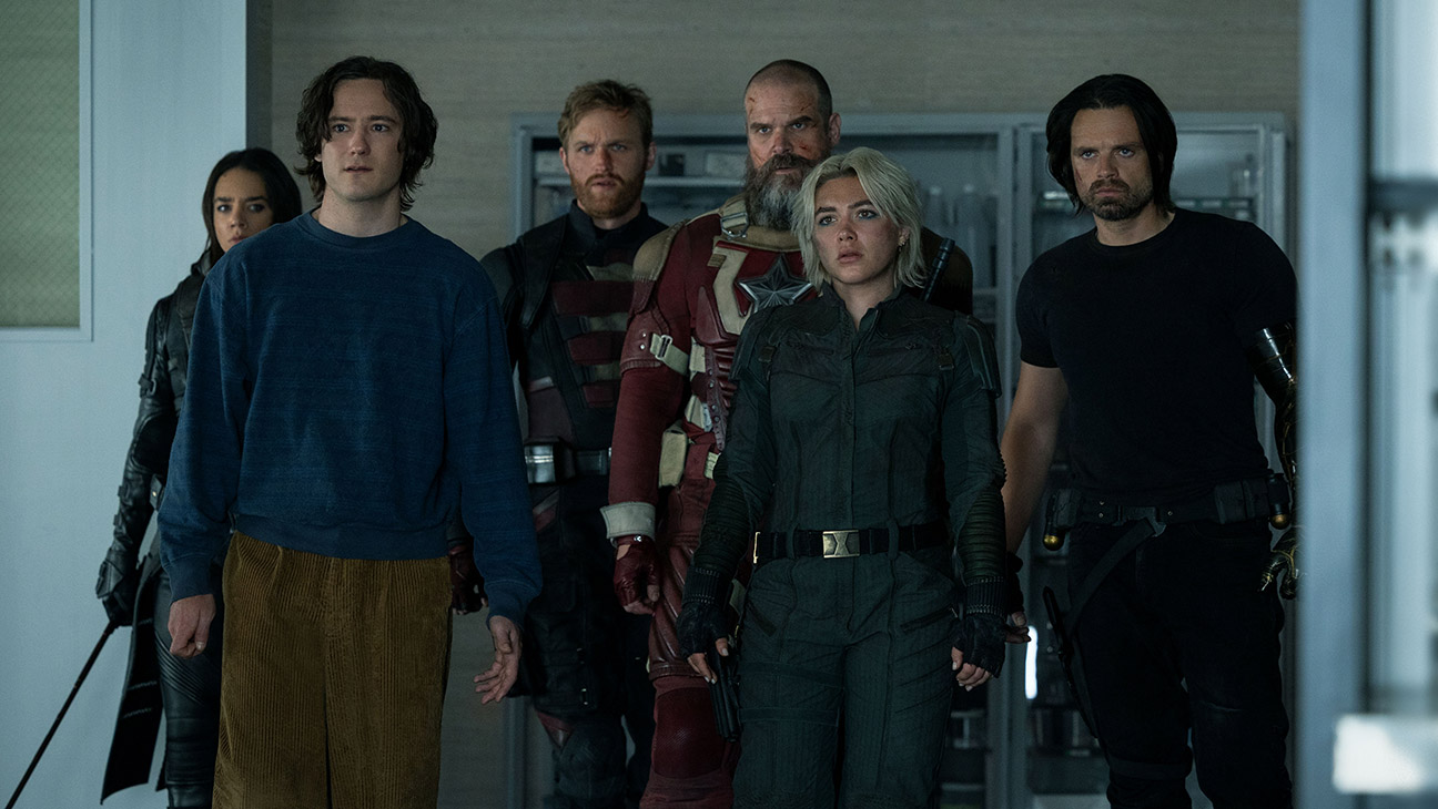 Ghost (Hannah John-Kamen), Bob (Lewis Pullman), John Walker (Wyatt Russell), Alexei Shostakov/Red Guardian (David Harbour), Yelena Belova (Florence Pugh) and Bucky Barnes (Sebastian Stan)in Marvel Studios' Thunderbolts*