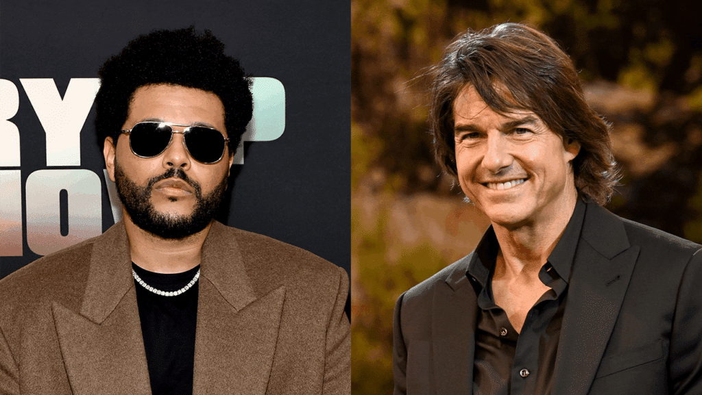ザ・ウィークエンドとトム・クルーズ（写真：Jamie McCarthy/Getty Images; Kate Green/Getty Images for Paramount Pictures）