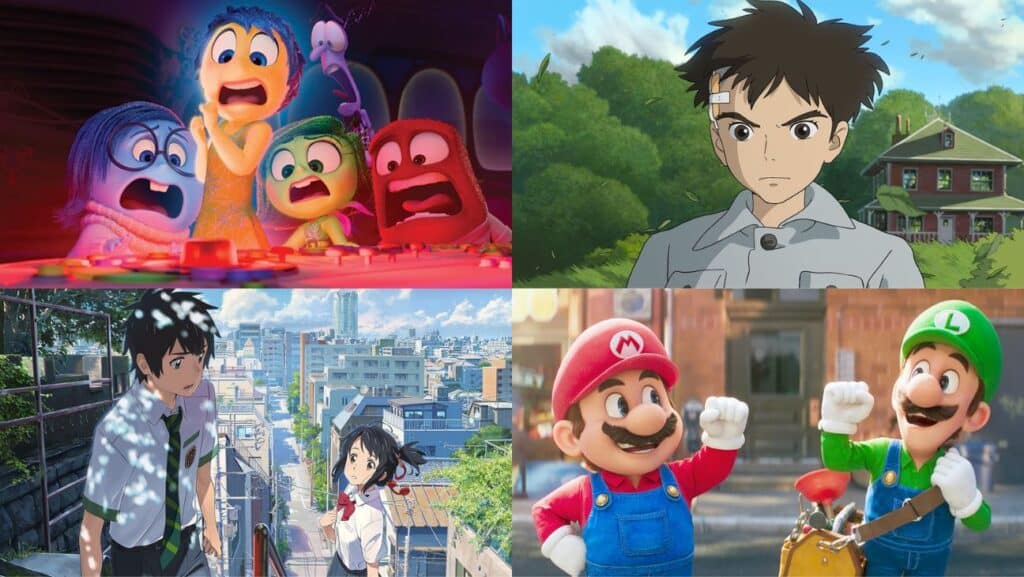 （左上から時計回り）『インサイド・ヘッド2』、『君たちはどう生きるか』、『ザ・スーパーマリオブラザーズ・ムービー』、『君の名は。』写真：Disney/Pixar; Courtesy of GKIDS; Courtesy of Nintendo and Universal Studios; Tokyo Intl. Film Festival