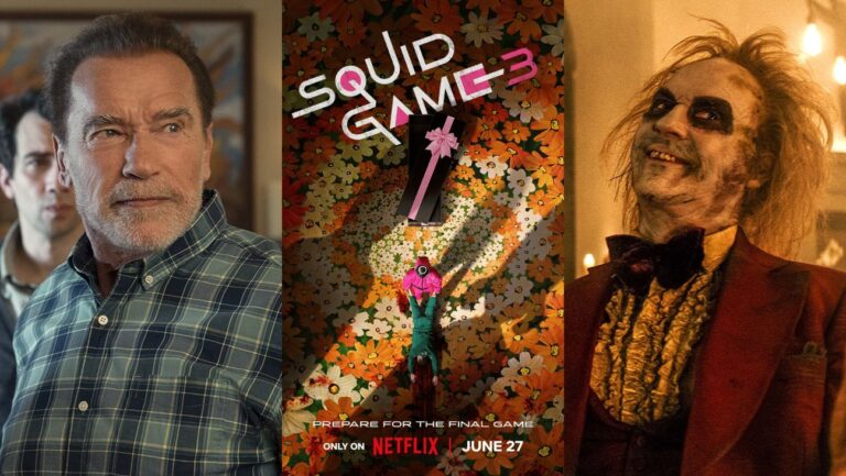 （左から）『FUBAR』S1、『イカゲーム』S3のキービジュアル、『ビートルジュース ビートルジュース』写真：Courtesy of Amanda Matlovich/Netflix; Courtesy of Netflix; Warner Bros. /Courtesy Everett Collection