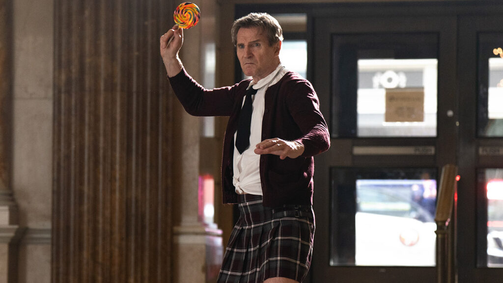 Liam Neeson plays Frank Drebin Jr. in The Naked Gun