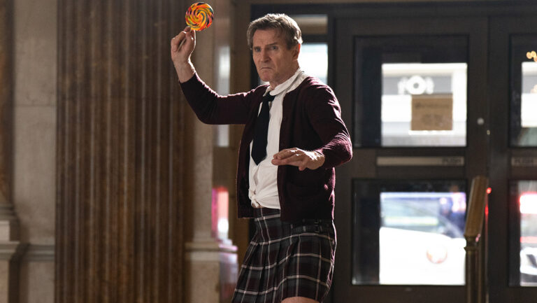 Liam Neeson plays Frank Drebin Jr. in The Naked Gun