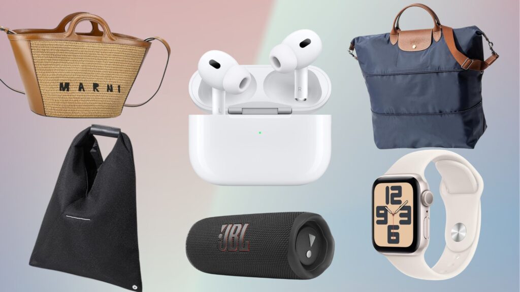 プライムデーでゲットしたい夏のウィッシュリスト　左上から時計回り）MARNI、AirPodsPro2、ロンシャン、Apple Watch SE、JBLスピーカー、MM6 写真引用元：Amazon.co.jp