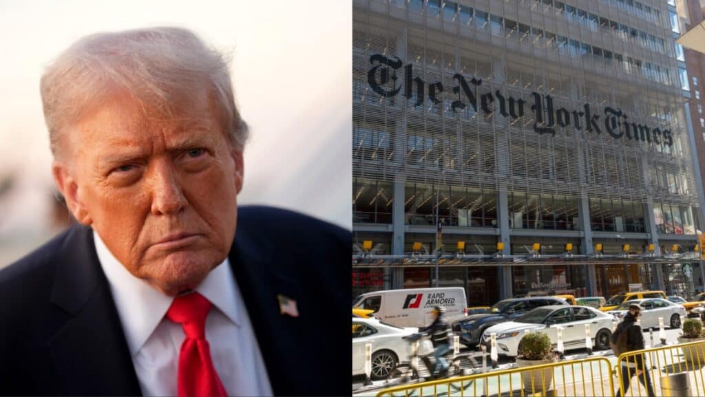 ドナルド・トランプ大統領とニューヨーク・タイムズ・ビル 写真：Kevin Dietsch/Getty Images; Spencer Platt/Getty Images