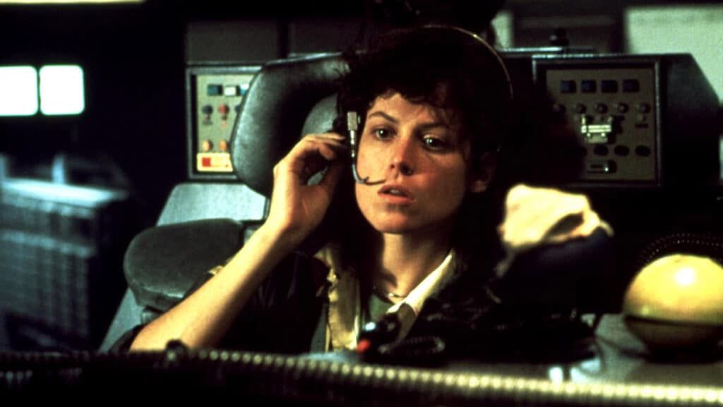 Alien, Sigourney Weaver, 1979, piloting the spaceship