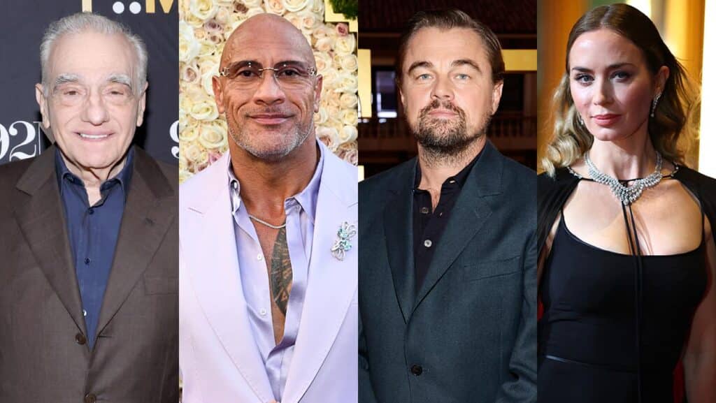 （左から）マーティン・スコセッシ監督、ドウェイン・ジョンソン、レオナルド・ディカプリオ、エミリー・ブラント 写真:Mike Coppola/Getty Images; Michael Buckner/GG2025/Penske Media/Getty Images; Frazer Harrison/Getty Images; Tim P. Whitby/Getty Image