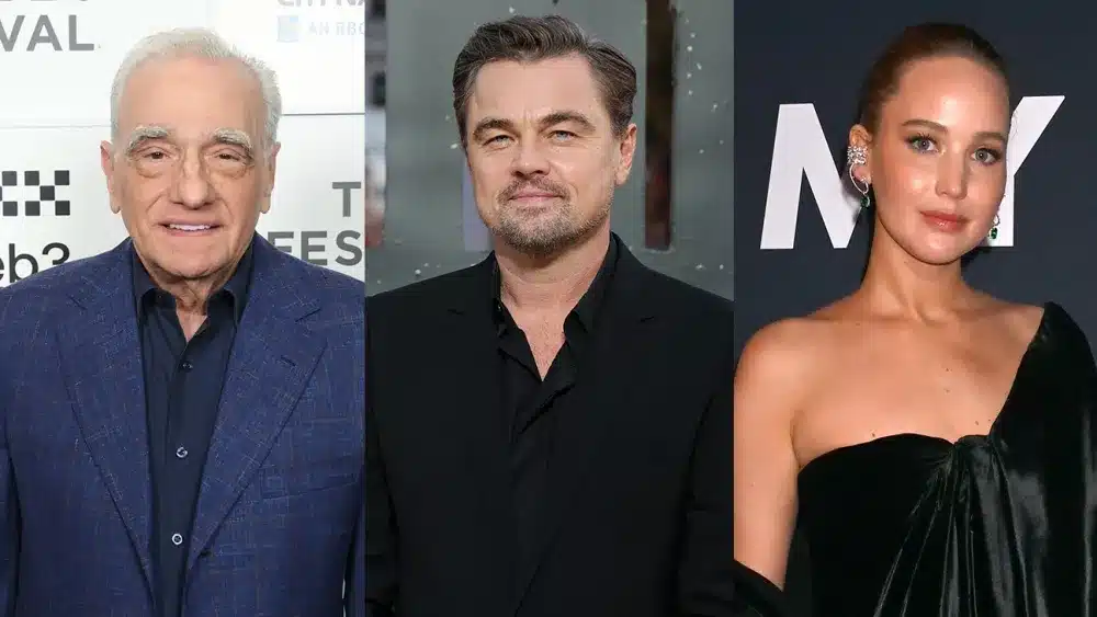 （左から）マーティン・スコセッシ監督、レオナルド・ディカプリオ、ジェニファー・ローレンス 写真：Michael Loccisano/Getty Images; Tristan Fewings/Getty Images; Dave Benett/The Hollywood Reporter/Getty Images