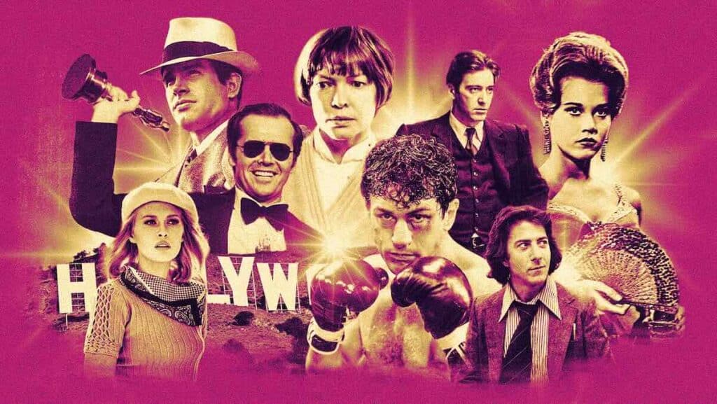 1960～70年代に、自らの在り方を自由に定義することができた俳優たち（左から）ウォーレン・ベイティ、ジャック・ニコルソン、エレン・バースティン、アル・パチーノ、ロバート・デ・ニーロ、フェイ・ダナウェイ、ダスティン・ホフマン、ジェーン・フォンダ 写真：Illustration by Layer O; Courtesy Everett Collection