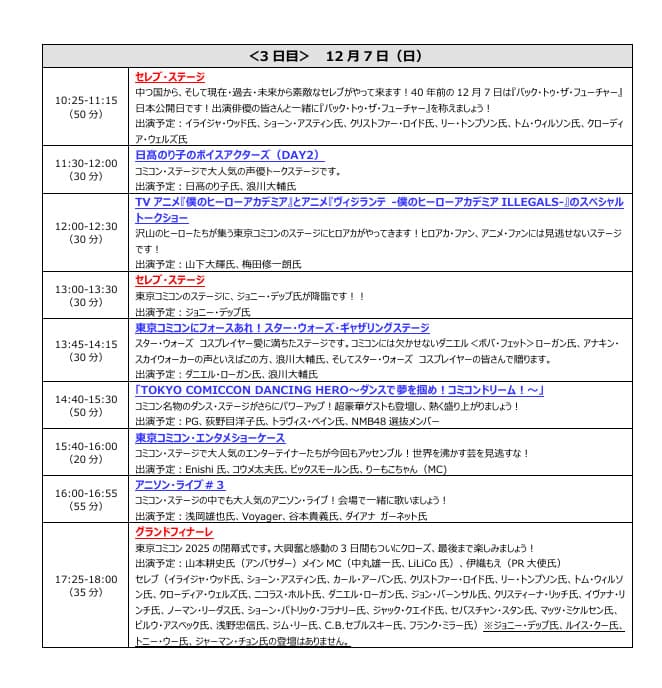 東京コミコン2025 ステージスケジュール