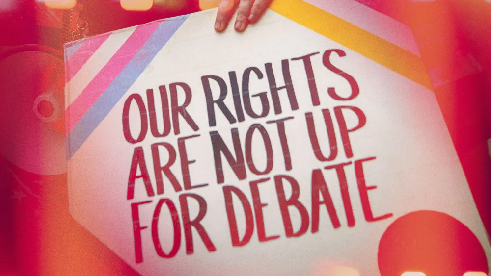 「“Our rights are not up for debate.”私たちの権利は、議論の余地などない」写真：THR illustration / Drew Angerer/Getty Images