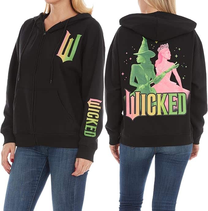 Wicked フード付きトレーナーWicked Glinda & Elphaba Women’s, Ladies & Juniors Black Zip Multi-hit Hoodieレディース