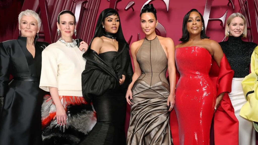 （左から）グレン・クローズ、サラ・ポールソン、テヤナ・テイラー、キム・カーダシアン、ニーシー・ナッシュ＝ベッツ、ナオミ・ワッツ、『オール・イズ・フェア 女神たちの法廷』のワールドプレミア（ロサンゼルス）にて 写真：Amy Sussman/Getty Images