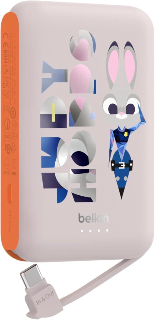 【ディズニーズートピア】Belkin モバイルバッテリー(10000mAh 20W USB-Cケーブル内蔵) 3C対応 CCC 最大20W PD高速充電対応 PPS対応 iPhone&Androidスマホ対応 2台同時充電 PSE認証 軽量&コンパクト 機内持込可能 アウトドア/災害/緊急用の便利グッズ メーカー保証2年 BPB021qcOG-DY