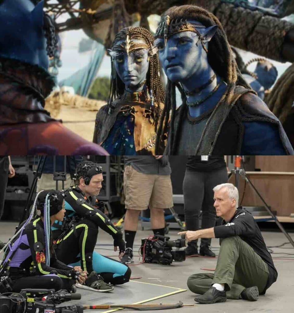 (左から)ゾーイ・サルダナ、サム・ワーシントン、ジェームズ・キャメロン監督、映画『アバター:ファイヤー・アンド・アッシュ』撮影現場にて