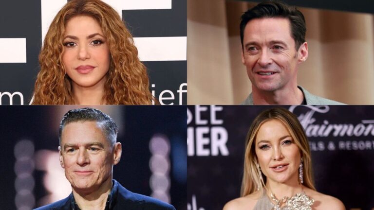 （左上から時計回り）シャキーラ、ヒュー・ジャックマン、ケイト・ハドソン、ブライアン・アダムス